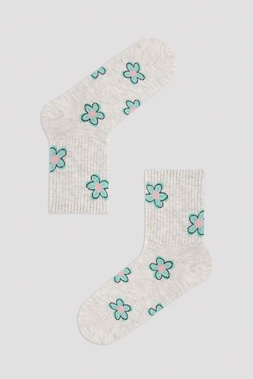 Çiçekli Kareli 3lü Soket Çorap