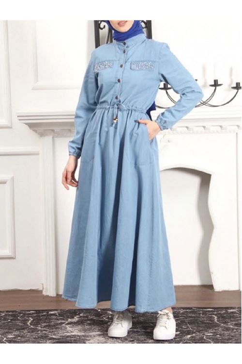 inci detaylı tünel bağcıklı kot elbise