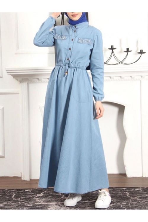 inci detaylı tünel bağcıklı kot elbise