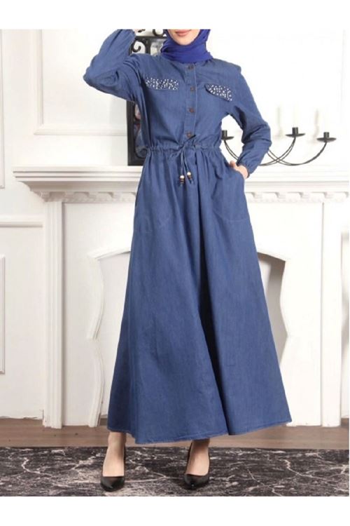 inci detaylı tünel bağcıklı kot elbise