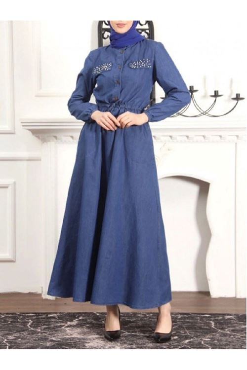 inci detaylı tünel bağcıklı kot elbise