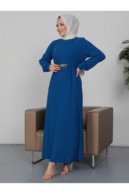 DİK YAKA FİTİLLİ ZİNCİR KUŞAKLI ELBİSE 